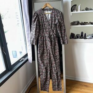 La‎ Vie Rebecca Taylor LS Jumpsuit S Black Floral Wrap Belted Cotton Boho Fall
